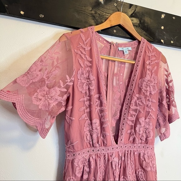 She+Sky Pink Barbie Festival Western Bohemian Lace Plunging Neckline Romper M - Picture 5 of 16